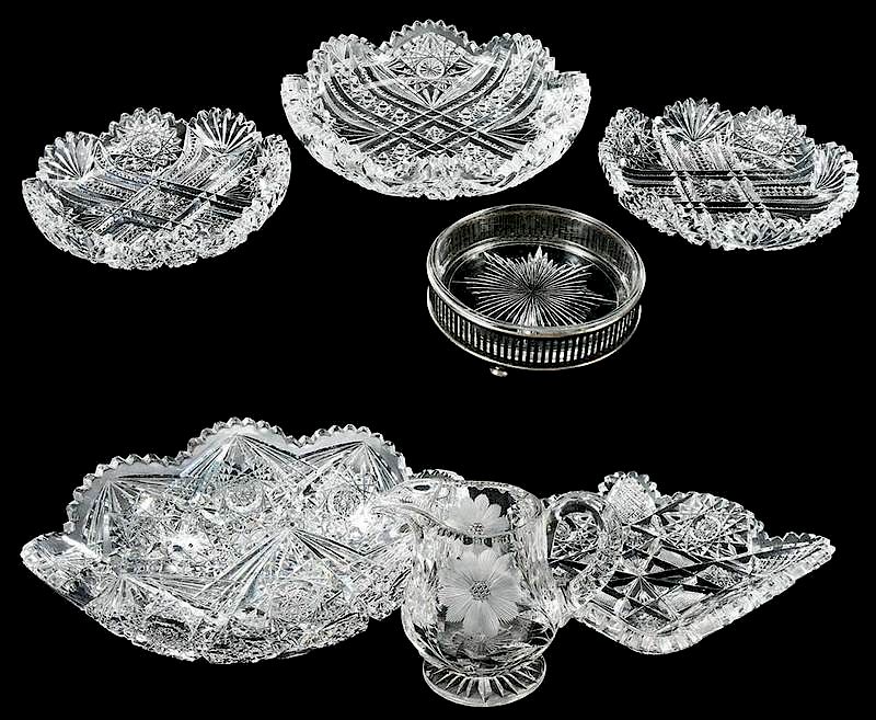 Appraisal: Seven Cut Glass Table Objects hobstar dish with serrated edge