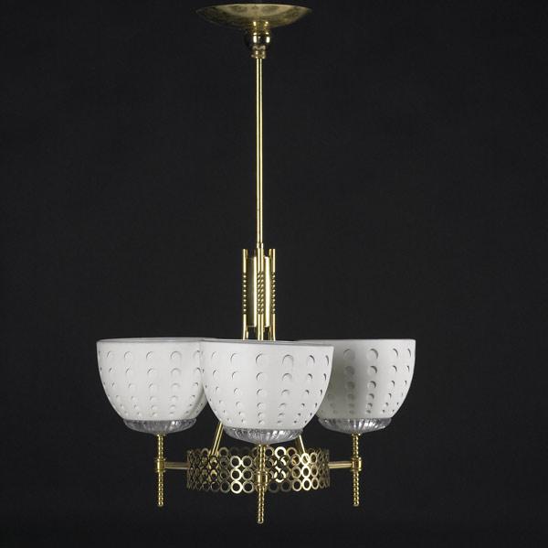 Appraisal: STYLE OF TOMMI PARZINGER Brass three-socket chandelier with pierced white