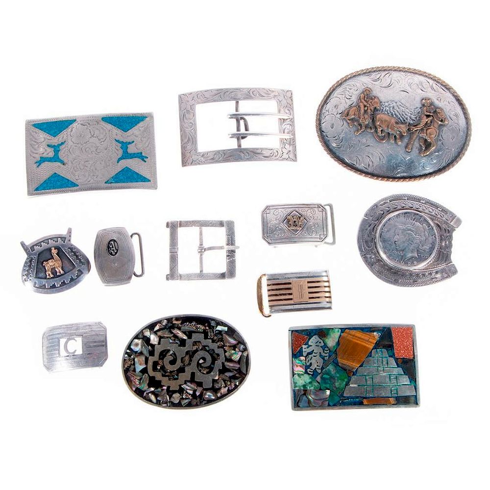 Appraisal: Collection of assorted belt buckles in sterling silver k gold