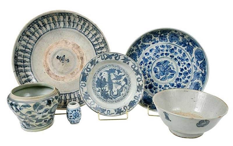 Appraisal: Six Asian Blue and White Ceramic Table Items Chinese Korean