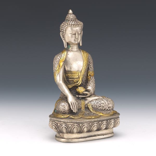 Appraisal: TIBETAN GILT AND SILVER TONE SCULPTURE OF SHAKYAMUNI BUDDHA x