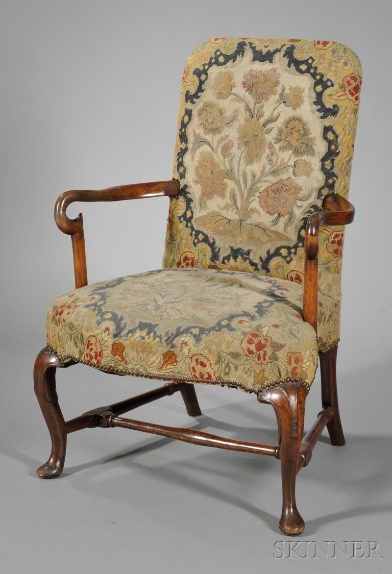 Appraisal: Queen Anne Walnut Open Armchair early th century with needlepoint