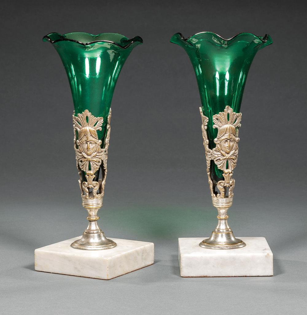 Appraisal: Pair of French Silvered Bronze Marble and Glass Trumpet Vases