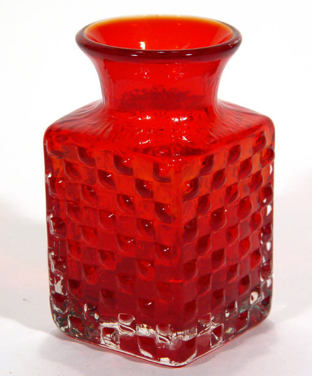 Appraisal: Square based red Whitefriars glass vase with raised geometric design