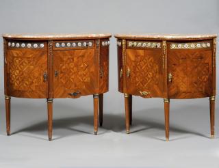 Appraisal: PAIR OF LOUIS XVI STYLE MARBLE TOP COMMODES Each D-shaped