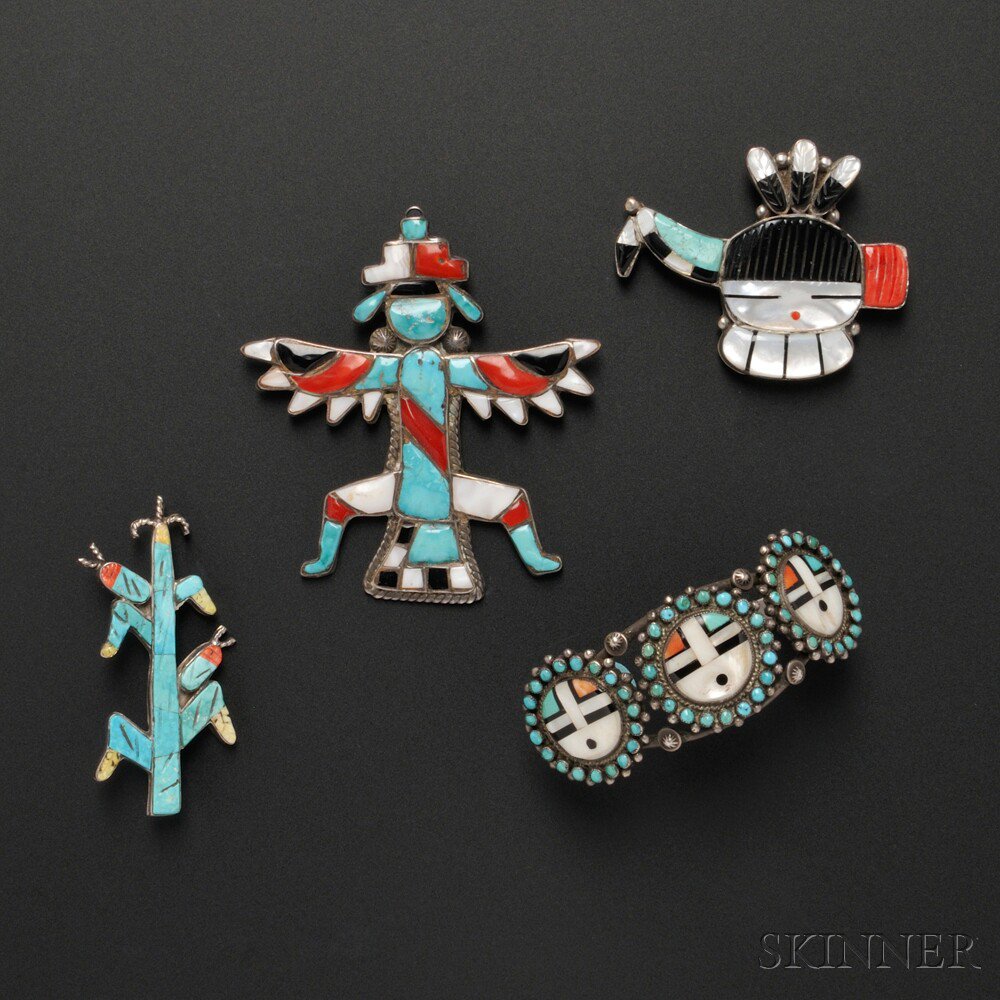 Appraisal: Four Zuni Inlaid Jewelry Items includes a large knife wing