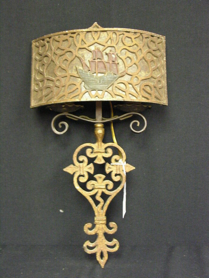 Appraisal: DECO CAST METAL WALL LAMP Ship decor Circa 's- 's