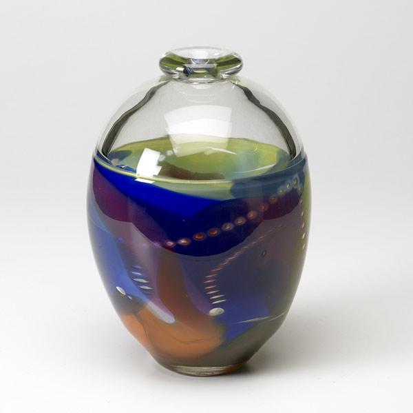 Appraisal: TOM McLAUGHLIN Ovoid vase in clear and polychrome glass Etched