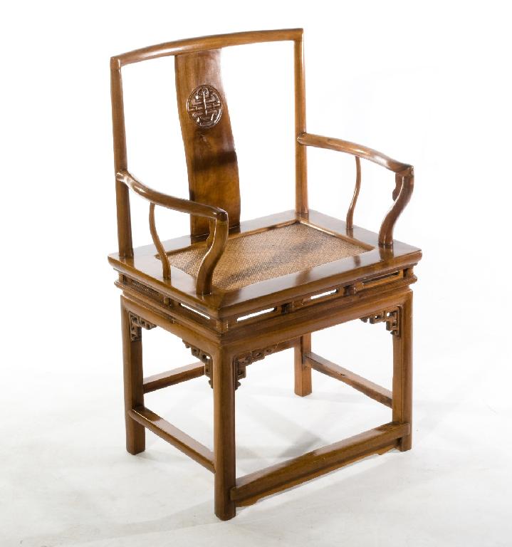 Appraisal: CHINESE ELM OPEN ARMCHAIR c the curved backsplat fret-carved with