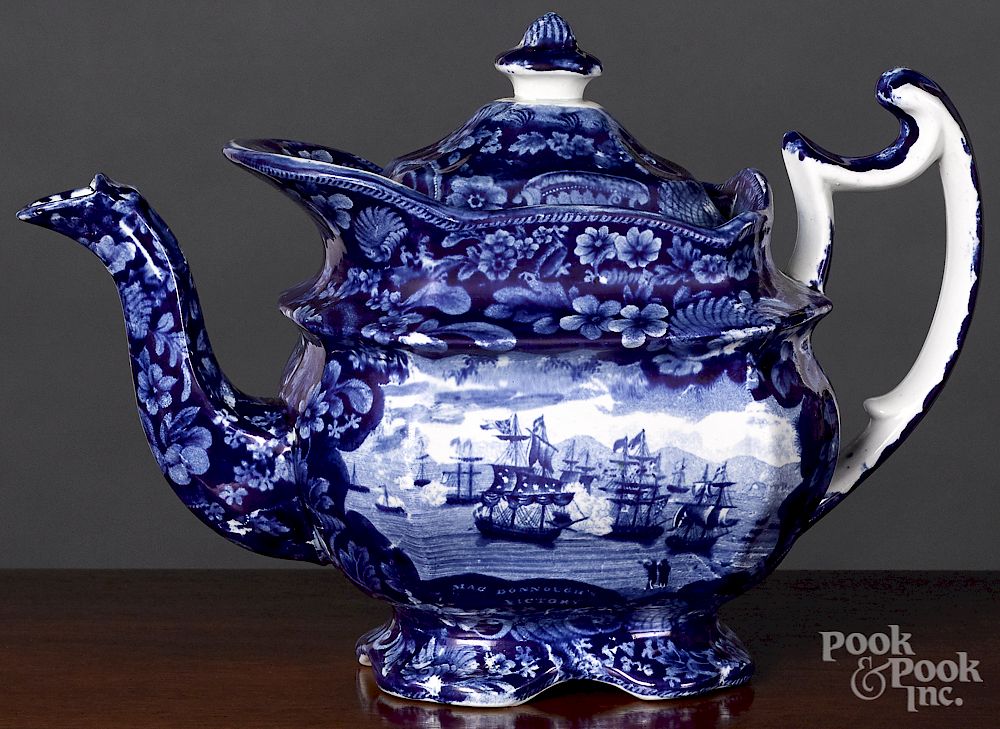 Appraisal: Historical Blue Staffordshire teapot Historical Blue Staffordshire Commodore Macdonough's Victory