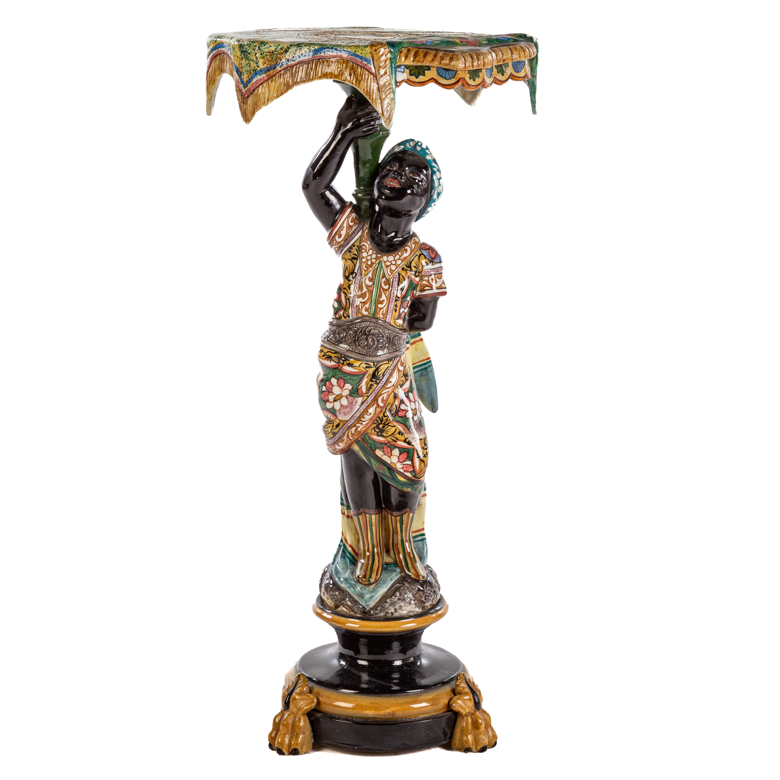 Appraisal: ITALIAN MAJOLICA BLACKAMOOR LAMP TABLE Second half th century vibrantly