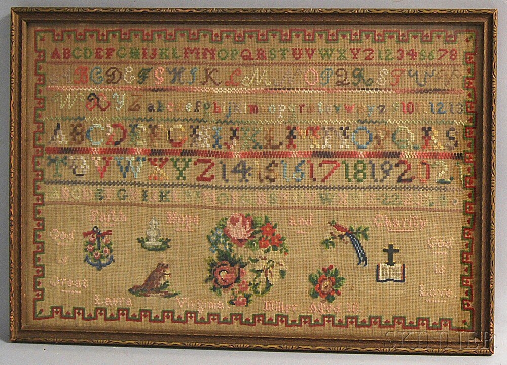 Appraisal: Framed Victorian Needlework Sampler late th century with wool stitching