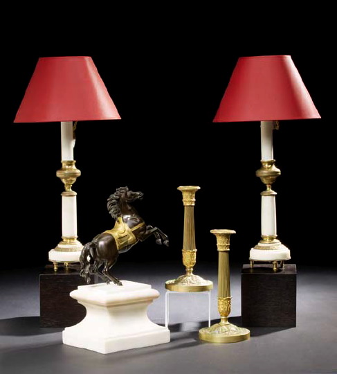 Appraisal: Pair of French Gilt-Brass-Mounted Carrara Marble Candlesticks first quarter th