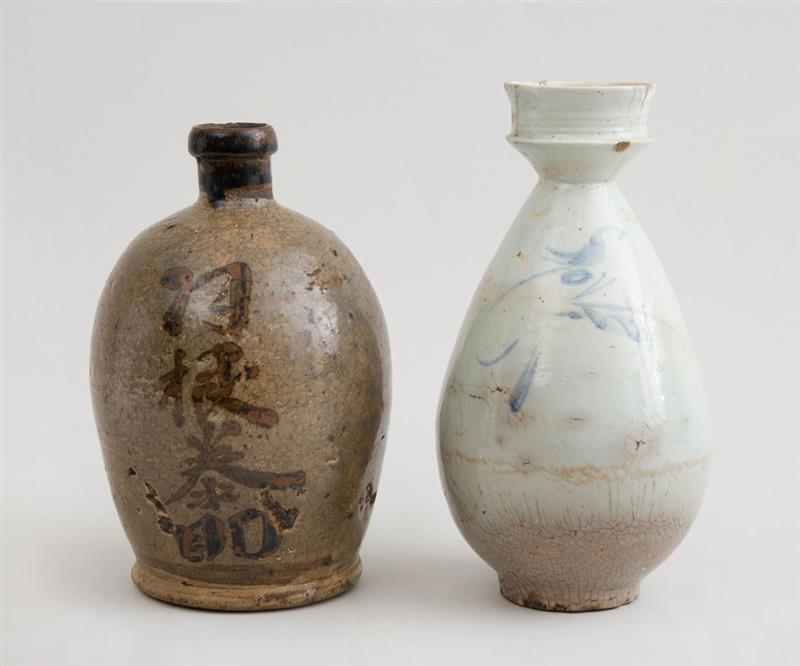 Appraisal: TWO ASIAN GLAZED CERAMIC VESSELS Comprising a Japanese stoneware flask