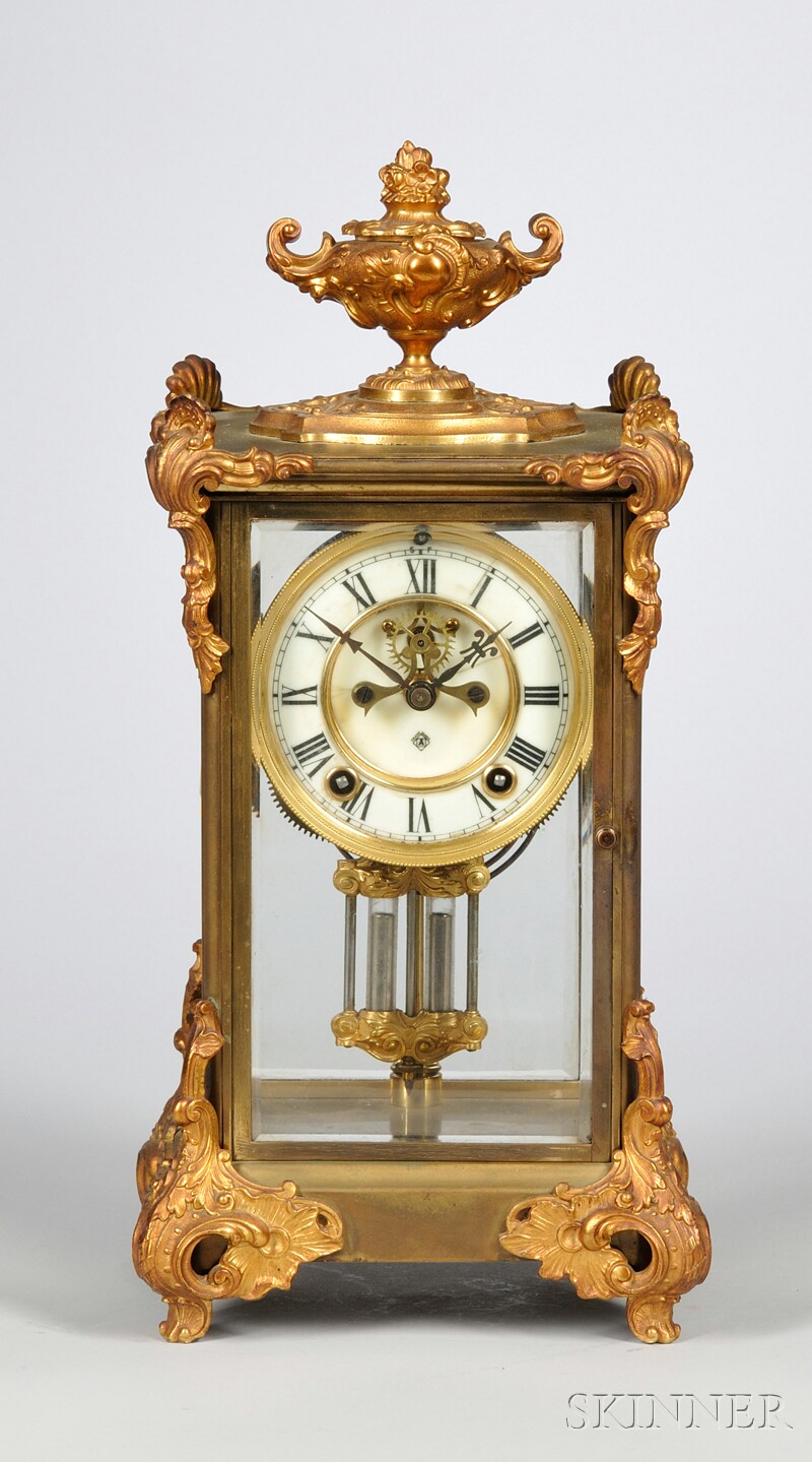 Appraisal: Ansonia French Rococo-style Gilt-brass and Glass Chiming Mantel Clock ormolu-mounted