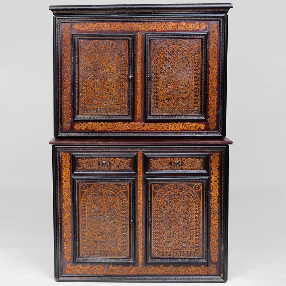 Appraisal: Continental Relief Carved Maple and Ebonized Cupboard Austrian or German