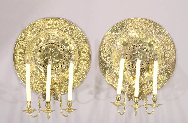 Appraisal: A pair of Dutch Baroque style brass wall lights late