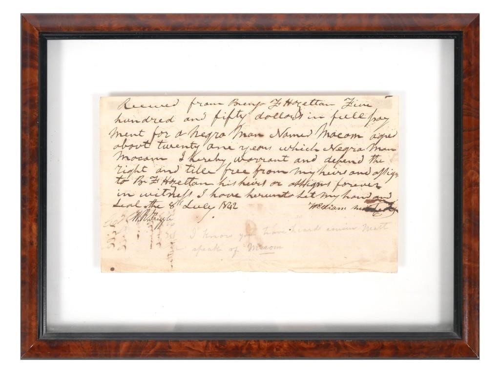 Appraisal: This a handwritten Bill of Sail sic for a male