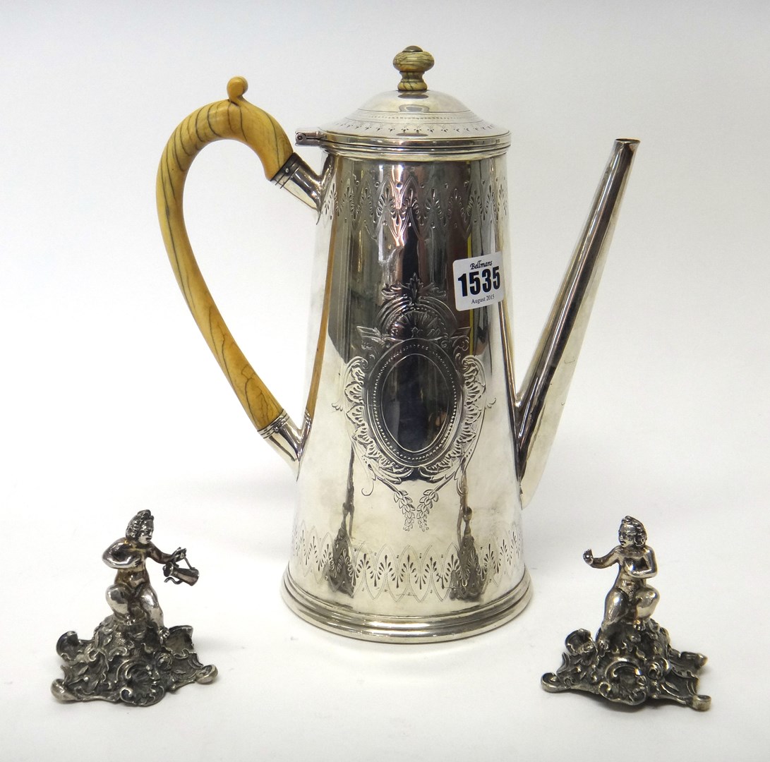 Appraisal: A plated coffee pot of tapering cylindrical form with engraved