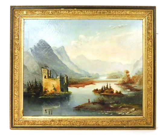 Appraisal: Continental landscape th C oil on canvas small figure fishing