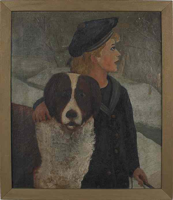 Appraisal: Oil on canvas portrait of a girl and a dog