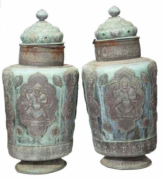 Appraisal: Pair of Indonesian Copper Temple Jars th century oviform with