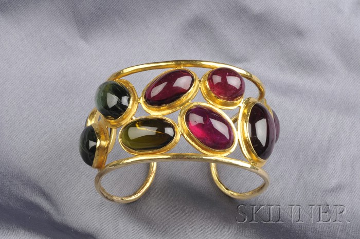 Appraisal: kt Gold Gem-set Cuff Bracelet Prince Dimitri bezel-set with green