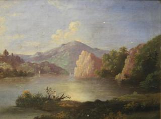 Appraisal: Landscape Painting American th Century River scene with fisherman in