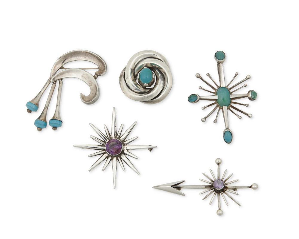 Appraisal: A group of Antonio Pineda silver and gemstone brooches Antonio