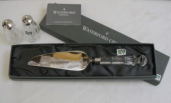 Appraisal: AN IRISH WATERFORD CRYSTAL CAKE KNIFE AND PAIR SHAKERS The