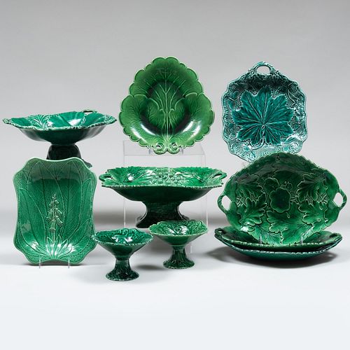 Appraisal: GROUP OF GREEN GLAZED MAJOLICA SERVING WARESComprising A circular compote