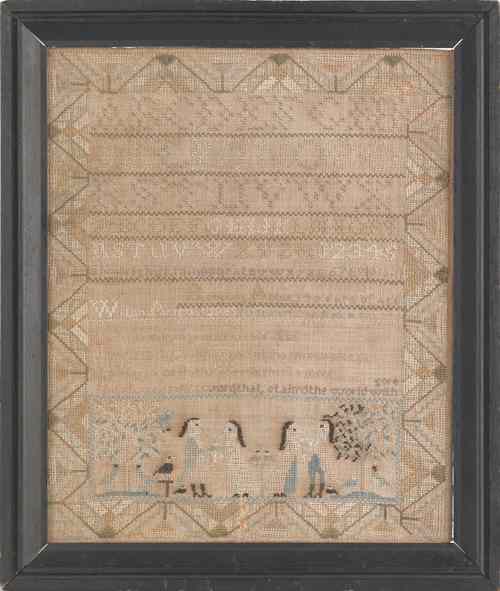 Appraisal: New Hampshire silk on linen needlework sampler dated wrought by