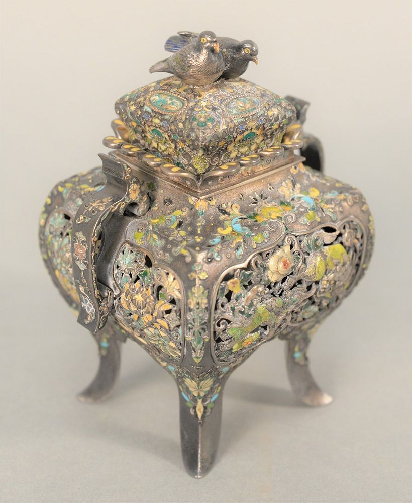 Appraisal: Japanese Silver Enamelled and Reticulated Urn having double bird finial