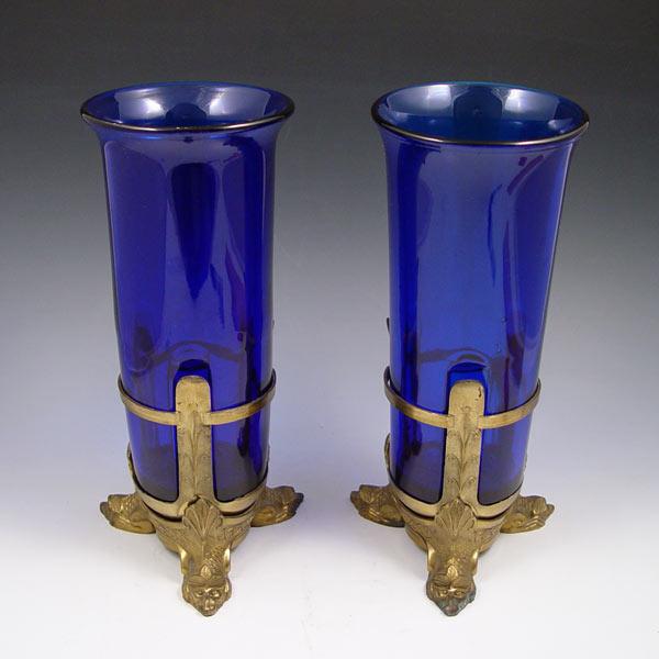 Appraisal: PAIR COBALT GLASS ALTAR LIGHTS A Gross Candle Co Baltimore