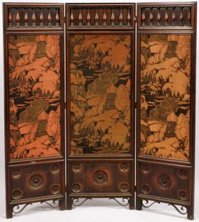 Appraisal: MIDDLE EASTERN MAHOGANY THREE PANEL SCREEN MIDDLE EASTERN MAHOGANY THREE