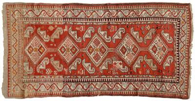 Appraisal: Oushak rug five serrated diamond medallions on brick red field