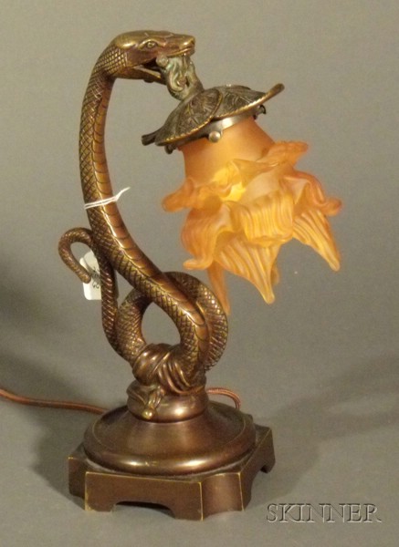 Appraisal: Bronze Snake Lamp th century the coiled snake modeled holding