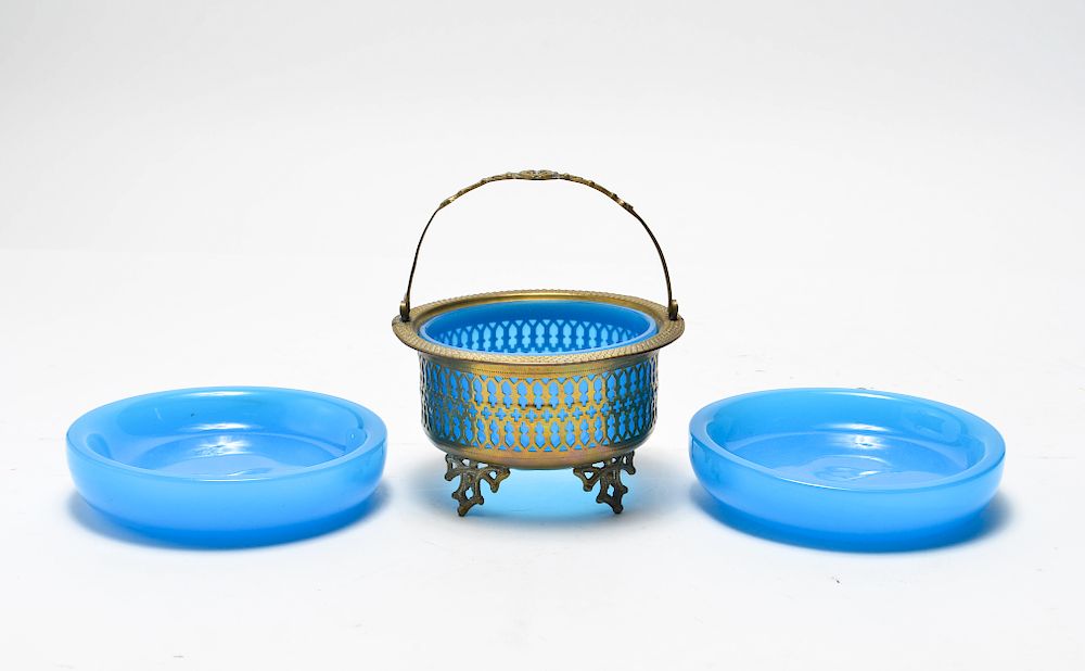 Appraisal: French Blue Opaline Glass Basket Dishes French blue opaline glass