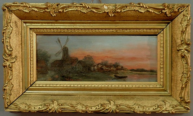 Appraisal: Oil on board landscape painting of a village with windmill