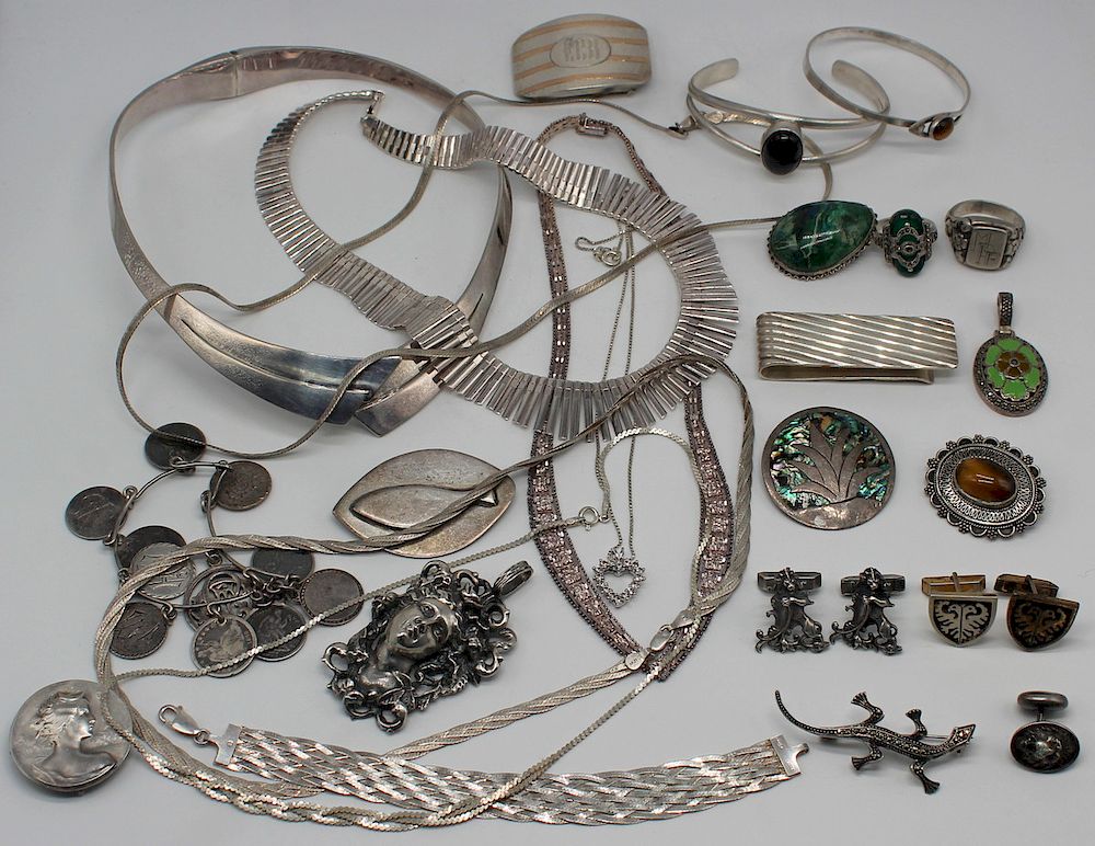 Appraisal: JEWELRY Assorted Silver Jewelry Grouping Includes an Art Nouveau style