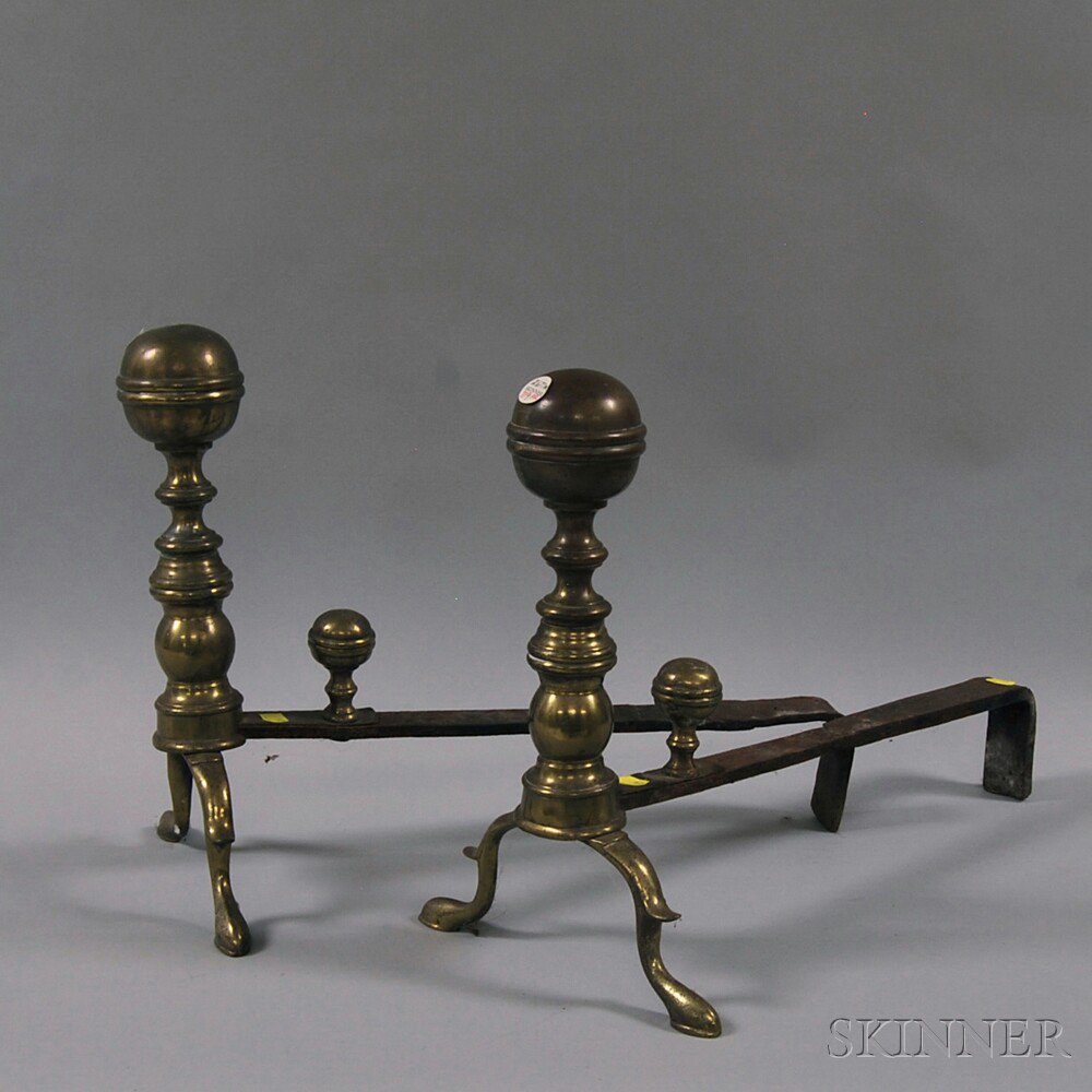 Appraisal: Pair of Iron and Brass Belted Ball-top Andirons early th