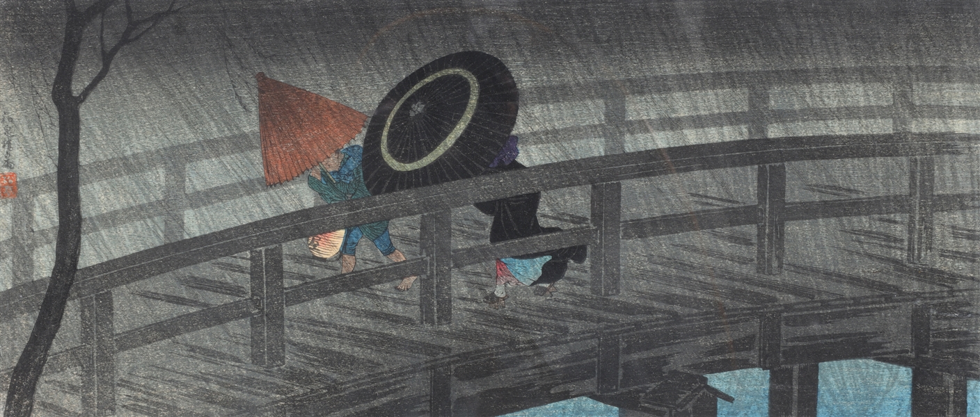 Appraisal: Japanese woodblock print Rain On Izumi Bashi Bridge by Takahashi