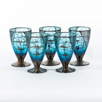 Appraisal: Venetian glass five footed cobalt blue drinking glasses with silver