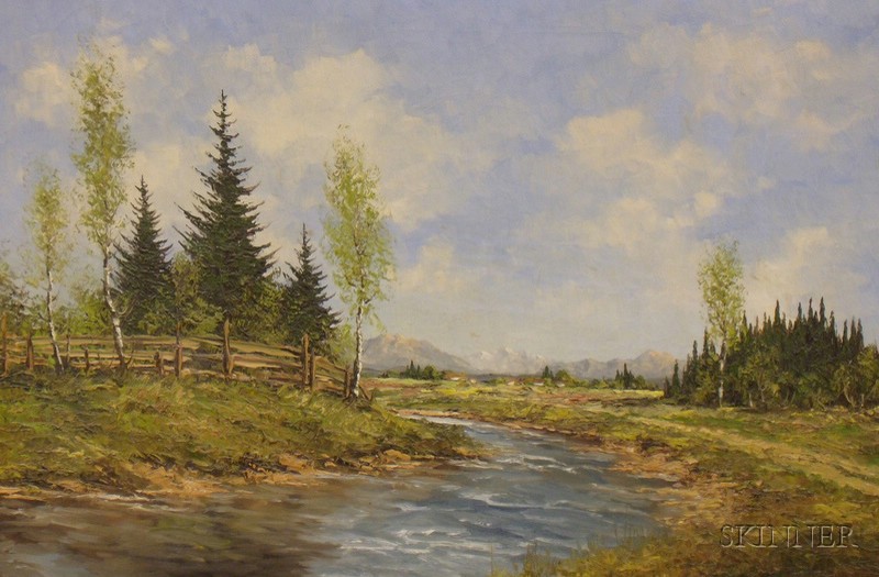 Appraisal: Framed Oil on Canvas Landscape with River and Distant Mountains