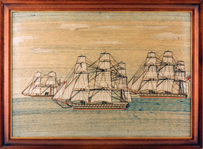 Appraisal: BRITISH WOOLWORK OF THREE SHIPS AT SEA Worked in shades