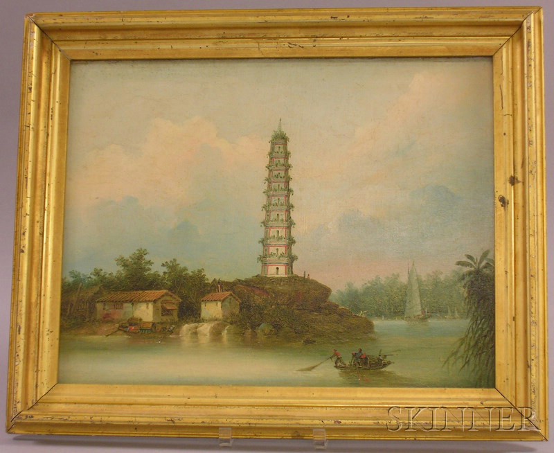 Appraisal: Giltwood Framed Oil on Panel Depicting Whampoa Pagoda in a