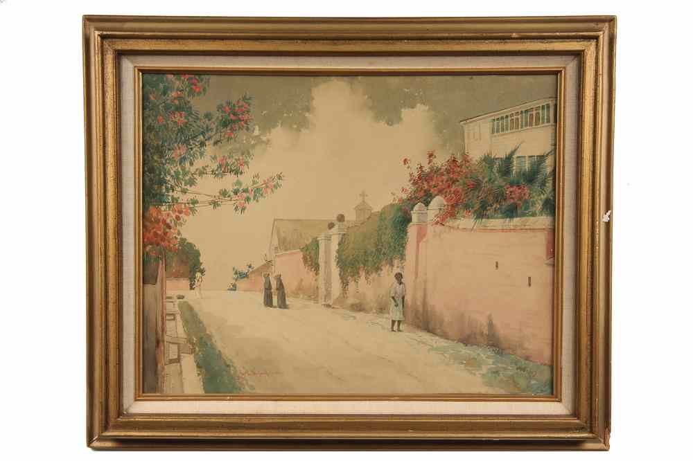 Appraisal: WATERCOLOR - Somerset Bahamas Street Scene by Hartwell Leon Woodcock