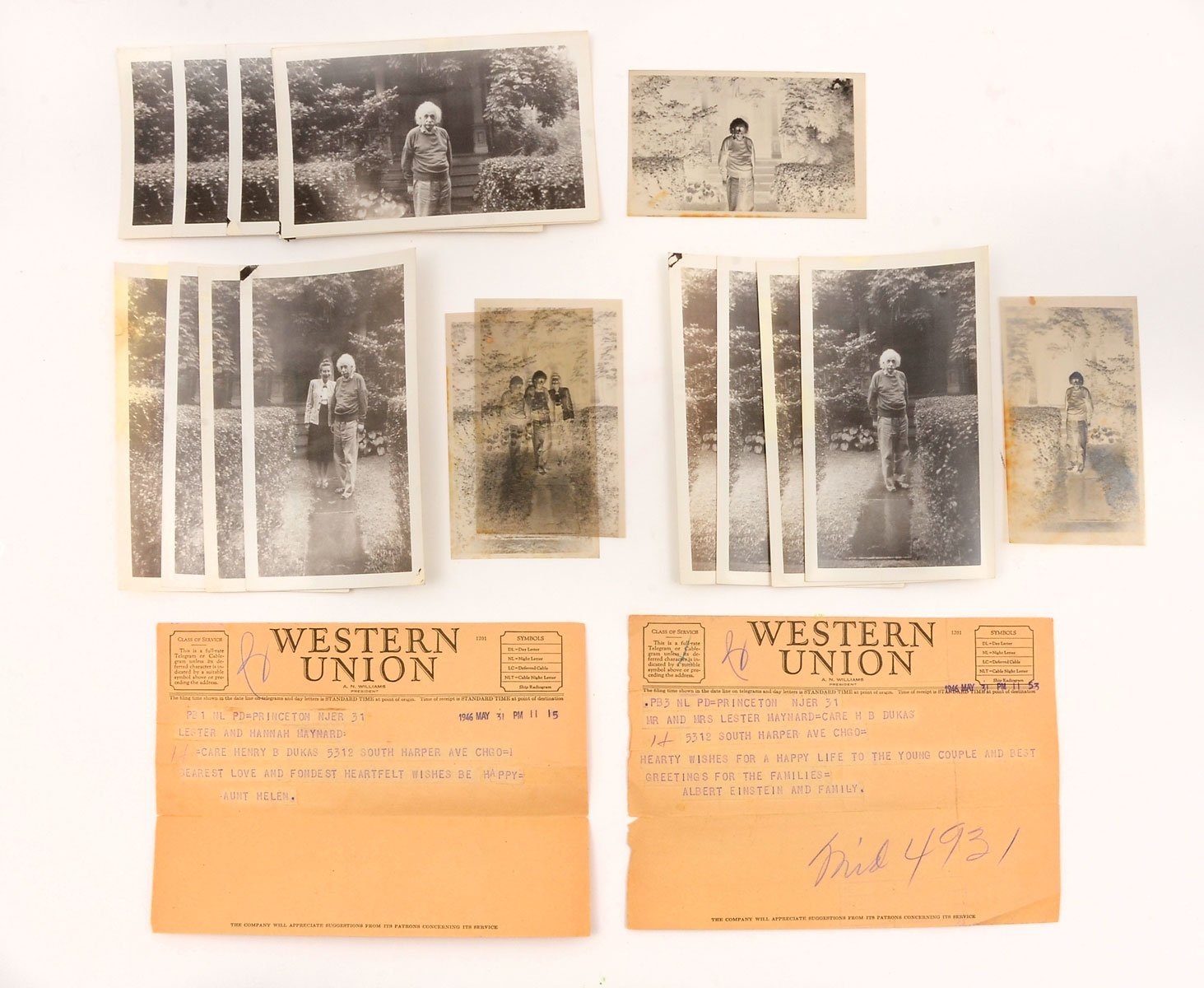 Appraisal: EINSTEIN PHOTOS AND NEGATIVES WITH WESTERN UNION TELEGRAMS original poses