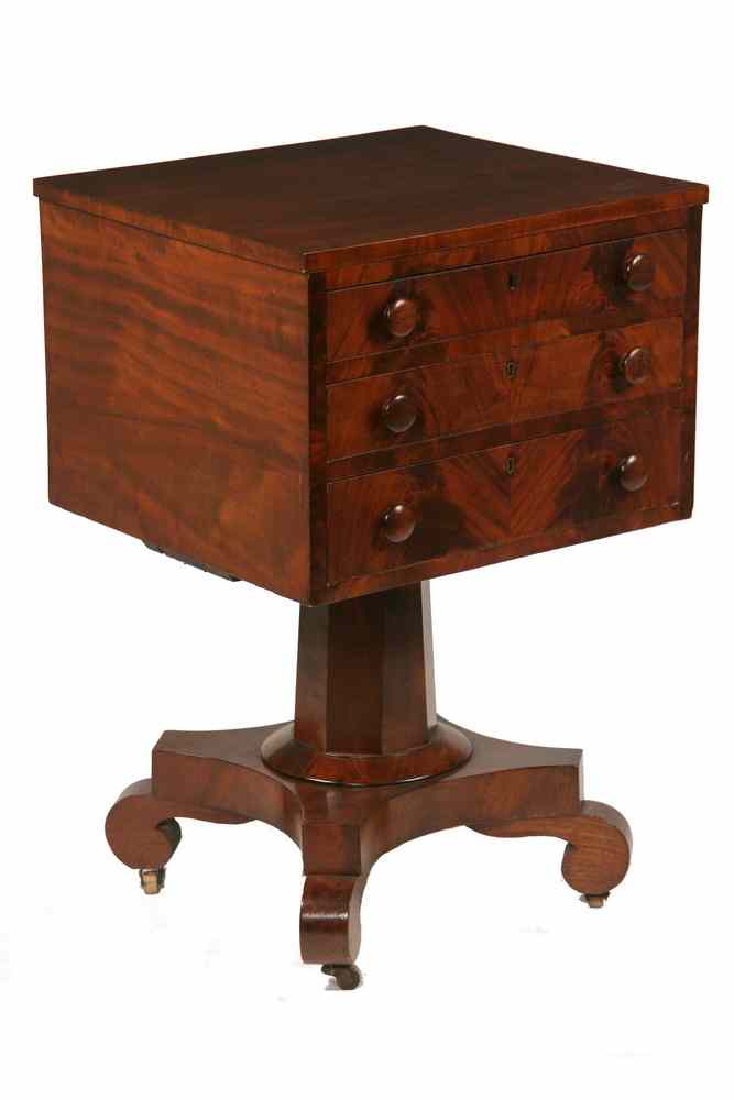 Appraisal: EMPIRE SEWING STAND - Period Three-Drawer Sewing Stand in red