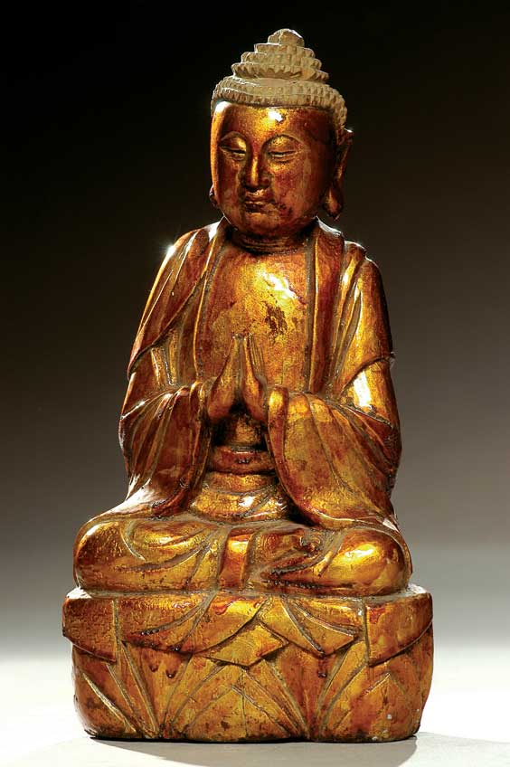 Appraisal: ANTIQUE GOLD LACQUERED BUDDHA Antique Chinese carved and gold lacquered